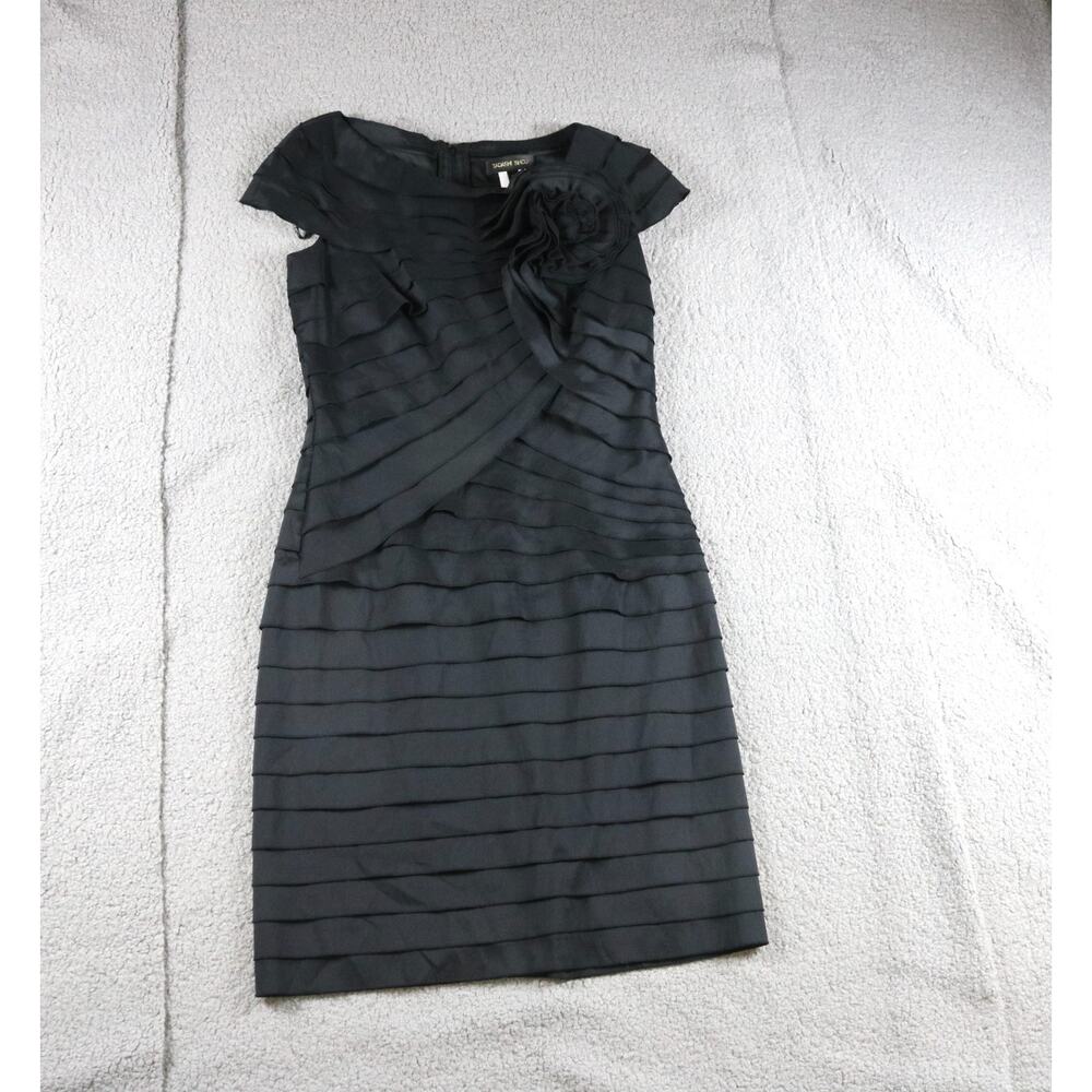 Tadashi Shoji Dress 12 Black Pleated Rosette Cap Sleeve Shutter Cocktail Formal